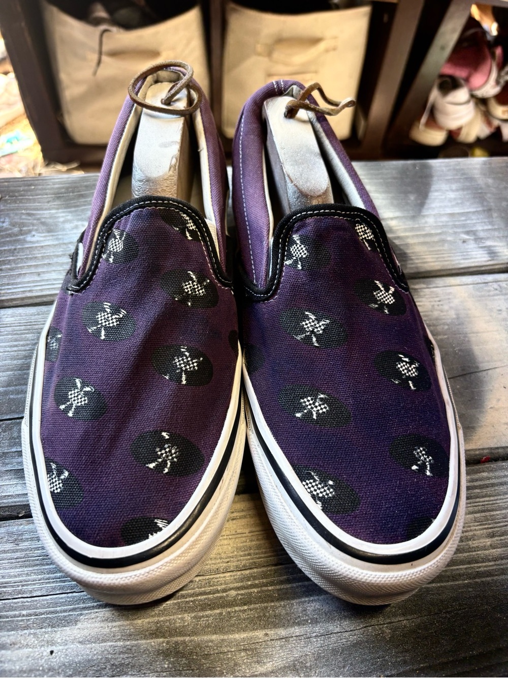 Vans Slip Ons Purple with black skull and crossbones pattern size 10.5